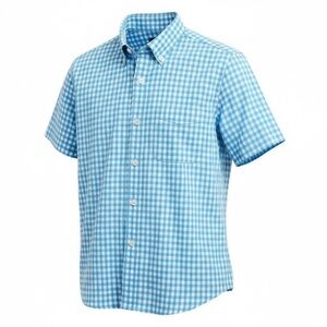 Lands' End Men's Short Sleeve Seersucker Gingham Shirt Blue White Men Medium M